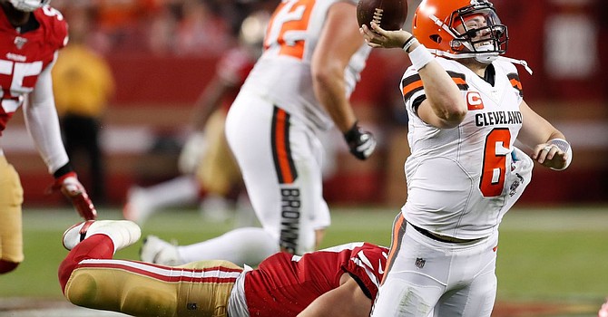 Baker Mayfield has three turnovers as 49ers lead 21-3 at halftime