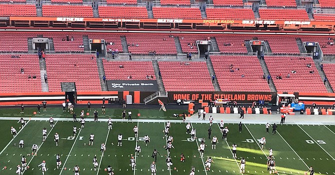 On the last official day of training camp, the Browns practice pre-game warm-ups on their stadium field. (TLOD)