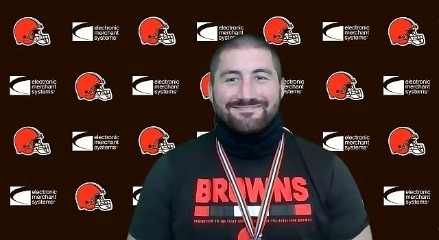 Browns center JC Tretter is smiling again as he tries to cram in work and rehab of his right knee to be able to play in the opener in Baltimore. (Cleveland Browns)