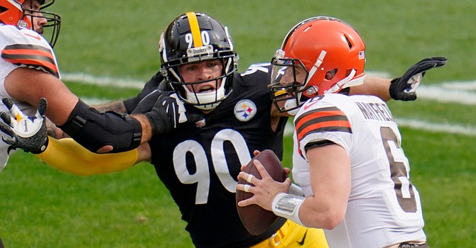 Thanks to Mike Tomlin, the Browns may not have to worry about this scene unfolding on Sunday. Edge rusher T.J. Watt is expected to be held out of the game. (Associated Press)