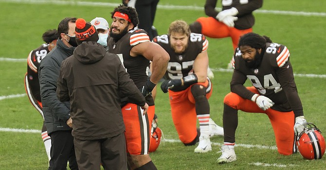 Defensive end Olivier Vernon was a force in his second season with the Browns, but he won't be available in the playoffs. (Cleveland.com)