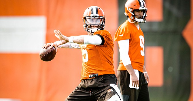 Offensive coordinator Alex Van Pelt said Baker Mayfield has thrown the ball accurately in practice, despite wearing a harness that protects a torn labrum injury in his left (non-throwing) shoulder. (Cleveland Browns)