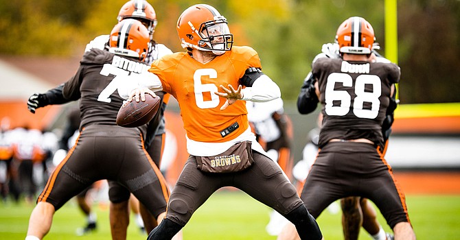 Baker Mayfield was back in the saddle again for the first heavy day of work for the Pittsburgh Steelers. (Cleveland Browns)