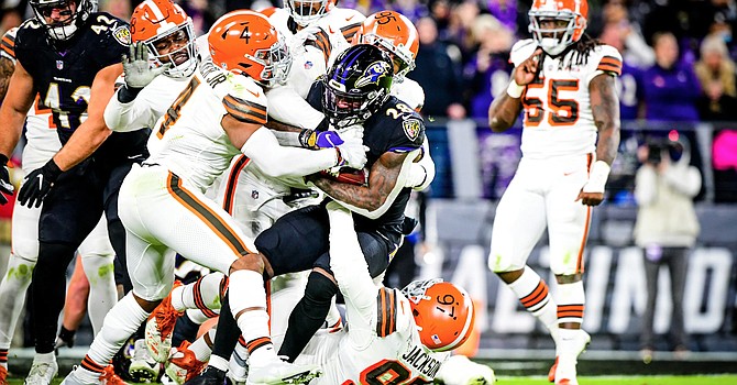 A defensive performance highlighted by four interceptions and limited Lamar Jackson to 165 yards passing and 68 running was wasted by the Browns in a 16-10 loss. (Cleveland Browns)