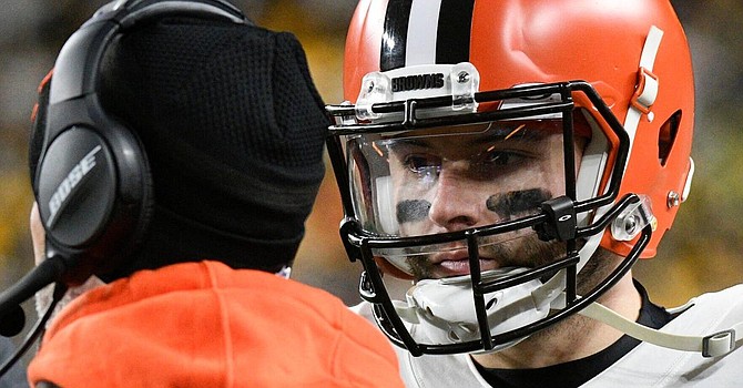 Baker Mayfield shut down his season after a 9-sack night in Pittsburgh against the Steelers. The Browns will schedule surgery on his left shoulder as soon as possible. (Associated Press)