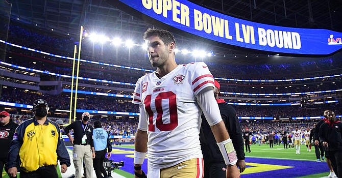 Jimmy Garoppolo's walk off the field in SoFi Stadium was his last dance in a 49ers uniform. (USA Today)