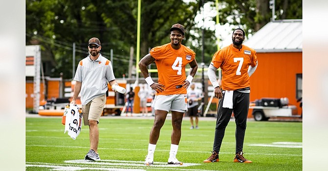 Quarterbacks Deshaun Watson and Jacoby Brissett were all smiles when they reported to training camp this week. Watson's imminent suspension could force Brissett into the starting role for the start of the season. (Cleveland Browns)