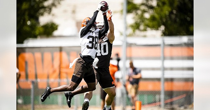 Cornerback A.J. Green, whom defensive coordinator Joe Woods said is 'part of the equation' on the defense, made the first interception of training camp on a ball thrown by Jacoby Brissett. (Cleveland Browns)