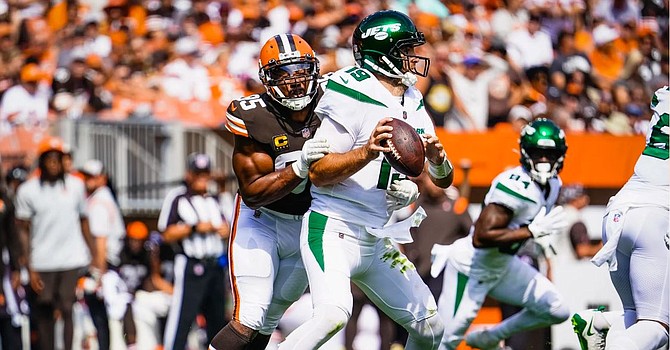 Myles Garrett entered the game with 8 career sacks against the Jets -- most of any active player v. them. He got No. 9 in the first half. (Cleveland Browns)