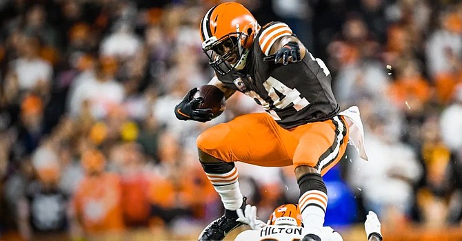 Nick Chubb ignited the crowd with power runs and this vault over Bengals cornerback Mike Hilton. (Cleveland Browns)