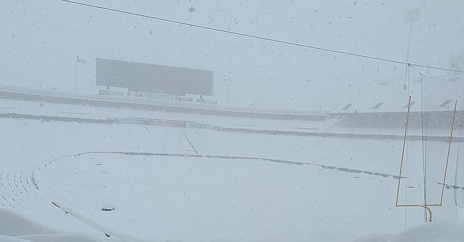Highmark Stadium in Orchard Park, NY, will be buried under six feet of snow by the time the Browns and Bills kickoff at 1 p.m. Sunday in Detroit's Ford Field. (Buffalo Bills)