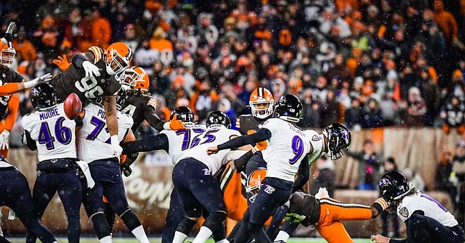 Jordan Elliott's block of a Justin Tucker field goal helped the Browns preserve a 13-3 win and make for an uncommon two-miss game for the Ravens' Hall of Fame-bound kicker. (Cleveland Browns)