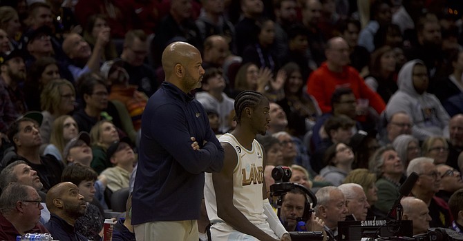 Cavaliers head coach J.B. Bickerstaff and swingman Caris LeVert in a January game against the Phoenix Suns. ESPN Cleveland/Rob Lorenzo.