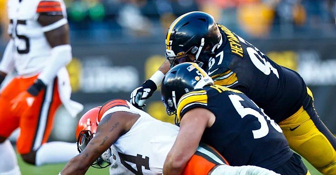 In his first game in Pittsburgh with the Browns, Deshaun Watson was sacked seven times and intercepted twice. (Steelers.com)