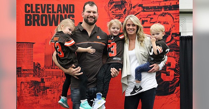 There were three Joe Thomas children at his retirement press conference five years ago. There will be a fourth at his Pro Football Hall of Fame induction in August. (Cleveland Browns)