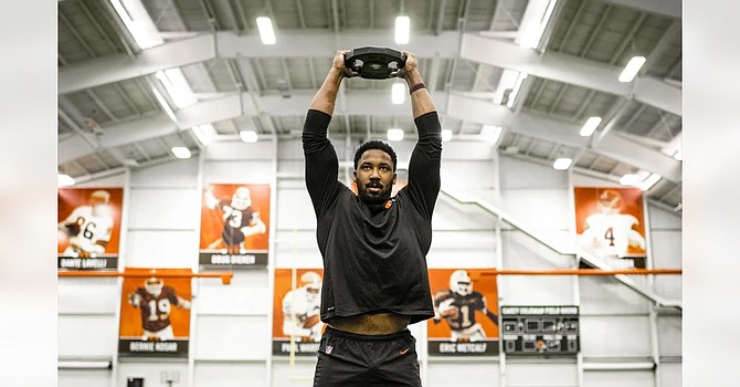 Myles Garrett is participating in Browns voluntary workouts while still bothered by a dislocated big toe injury suffered at the Pro Bowl Games in February. (Cleveland Browns)
