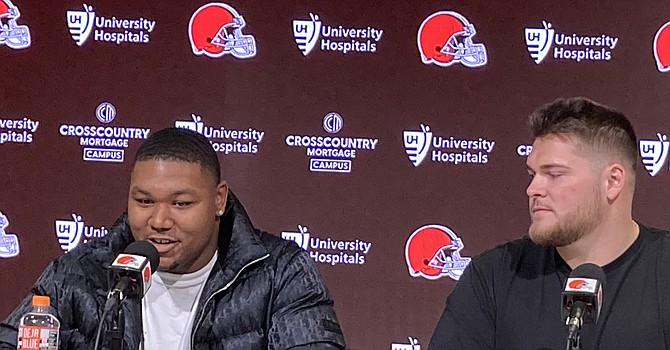 Those two Big Ten rivals -- defensive tackle Michael Hall Jr. of Ohio State and guard Zak Zinter of Michigan -- were introduced as Browns teammates on Saturday. (TheLandOnDemand)