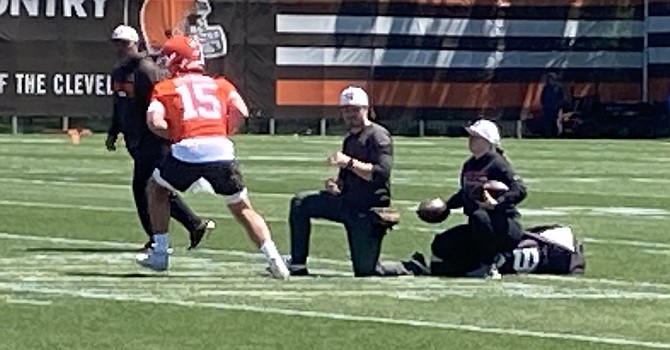 No, that's not Joe Flacco wearing No. 15 at Browns rookie camp. It's rent-a-thrower Jacob Sirmon, an undrafted tryout invitee from Northern Colorado. (TheLandOnDemand)