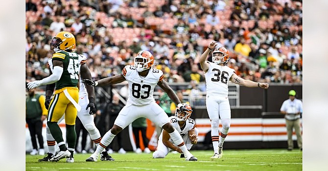 Cade York, kicking for idled starter Dustin Hopkins, got his comeback attempt off on a good foot with a 55-yard field goal in the first half v. the Packers. (Cleveland Browns)