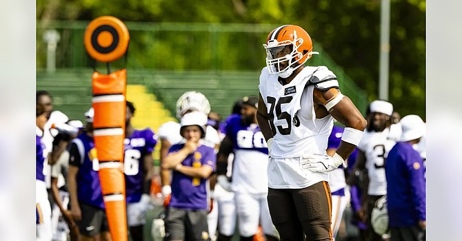 Myles Garrett's jersey was torn in two places from all the holding he battled through. (Cleveland Browns)