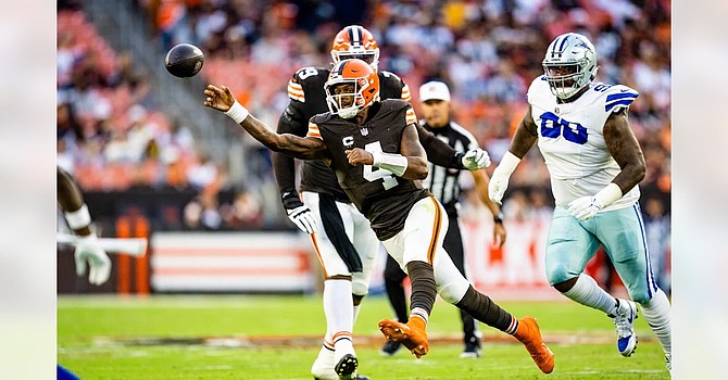 Deshaun Watson was under siege by Micah Parsons and the Dallas Cowboys defense on Sunday. He also had non-football things on his mind, like deaths of two persons close to him, and perhaps knowledge of another civil lawsuit filed against him on Monday. (Cleveland Browns)