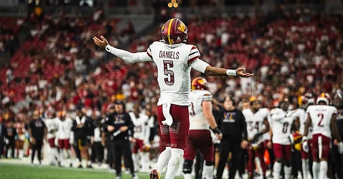 Washington QB Jayden Daniels is the best rookie of the season and an early MVP candidate through four games. (Washington Commanders)