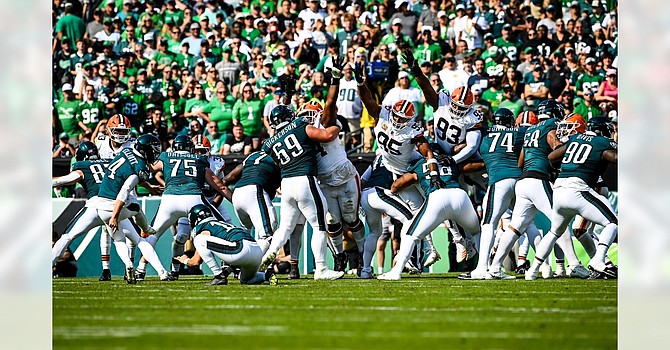 Myles Garrett's field goal block was scooped up by Rodney McLeod and returned 50 yards for a touchdown. (Cleveland Browns)