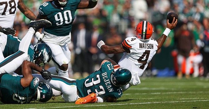 Deshaun Watson didn't get the ball away here before his knee touched for one of five sacks he suffered, upping his season total to 31 in six games. (Philadelphia Eagles)