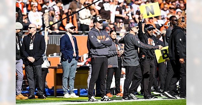 The Denny's menu was missing from Kevin Stefanski's game-day attire. For the first time as Browns coach, Stefanski was a CEO coach as coordinator Ken Dorsey handled play-calling from an upstairs booth. (Cleveland Browns)