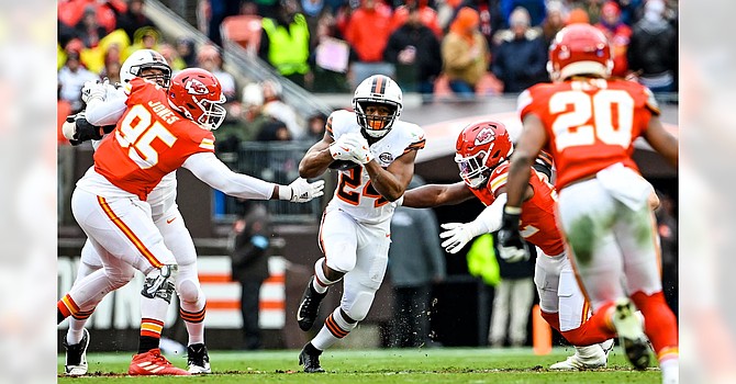 This is a sight we won't see again this season. Nick Chubb's broken left foot will end his season and set up another offseason of rehab for the running back. (Cleveland Browns)