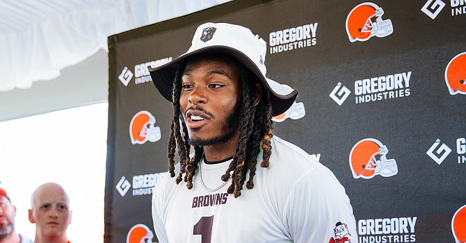 MJ Emerson talked earlier in the day of training hard and eating right to toughen his body after a season of nagging injuries. And then this happened. (Nick Carlucci/ESPN Cleveland)
