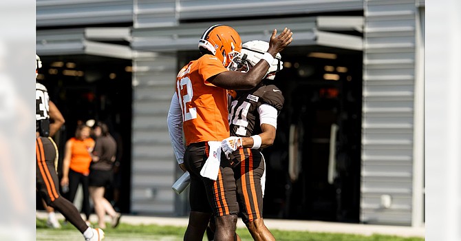 Shedeur Sanders was shut down with arm soreness, but he was happy for the big day turned in by free agent receiver Gage Larvadain. (Cleveland Browns)