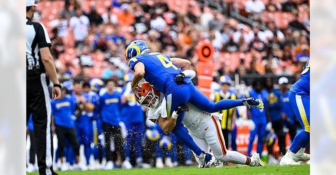 Rookie linebacker Carson Schwesinger made an impression on the home crowd and Rams QB Dresser Winn with a big hit on the third play of the game. (Cleveland Browns)