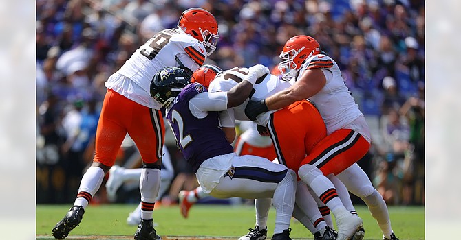 The Ravens sacked Joe Flacco only two times, but turned one into a fumble return for a touchdown and forced numerous throwaways and one interception. (Baltimore Ravens)