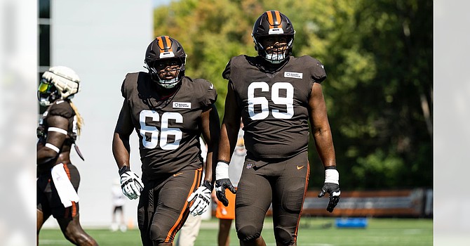 New additions at offensive tackle -- Joshua Miles (No. 66) and Tyre Phillip -- sporting the brown alternative helmet the Browns will wear Sunday in the game against the Packers. (Cleveland Browns)