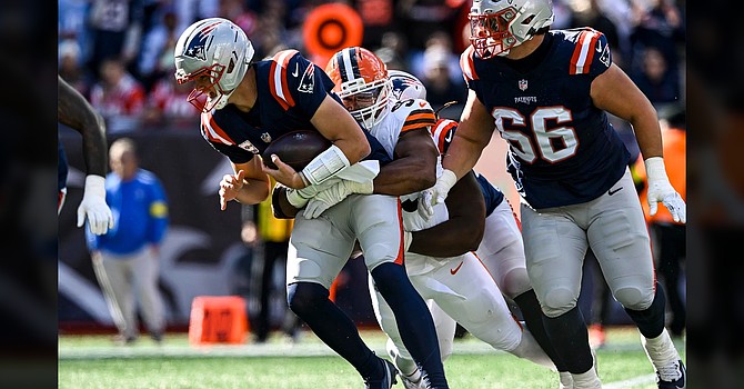 Myles Garrett's five sacks did not deter New England quarterback Drake Maye from torching the Browns with three second-half touchdowns. (Cleveland Browns)
