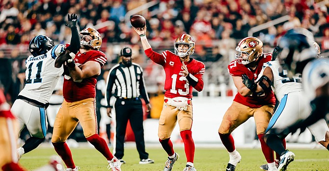 After suffering three interceptions in the first half against the Panthers, Brock Purdy retreated to short checkdowns and was 9 of 9 for 79 yards in the second half. (San Francisco 49ers)