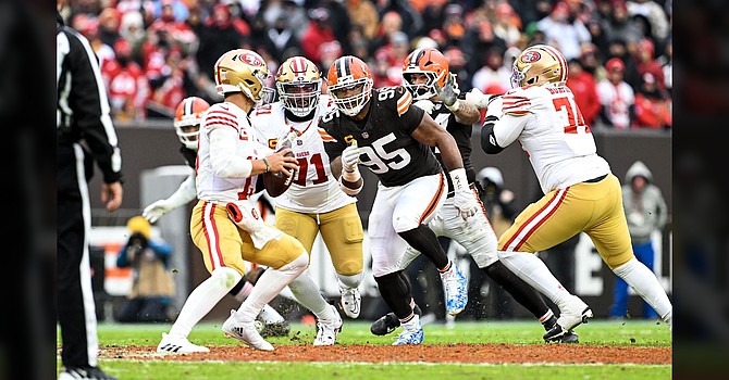 It was close-but-no-cigar for Myles Garrett most of the day against San Francisco quarterback Brock Purdy. Garrett had one sack to increase his NFL lead to 19. (Cleveland Browns)
