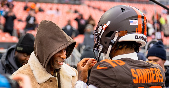 Deions Sanders, aka Coach Prime, braved the elements to witness son Shedeur's third NFL start. Deion was on hand in Las Vegas for Shedeur's winning NFL debut. (Nick Carlucci/TheLandOnDemand)