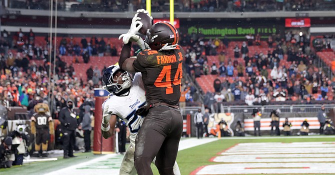 Harold Fannin's TD catch brought the Browns to within 31-29 against Tennessee last week. It matches David Njoku for the team lead in receiving TDs. (Joshua Gunter/Cleveland.com)