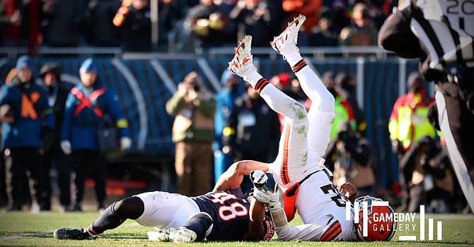 It's amazing Shedeur Sanders did not lose the ball on this sack by Bears linebacker D'Marco Jackson. Jackson later had a tip-ball interception of Sanders to continue the Bears rout. (Chicago Bears)