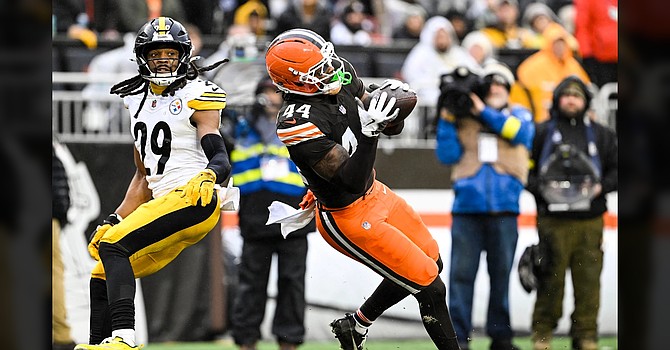 Harold Fannin's sixth receiving TD of the year gave the Browns an early 10-0 lead. Fannin had to leave the game after aggravating a groin injury on the play. (Cleveland Browns)