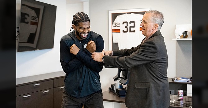 Todd Monken's initial greeting with Shedeur Sanders suggests Sanders will have a much fairer chance at the starting QB job under his new coach. (Cleveland Browns)