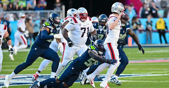 Seattle linebacker Derick Hall was a disruptor in the first half against Drake Maye and the Patriots offense. (Seattle Seahawks)